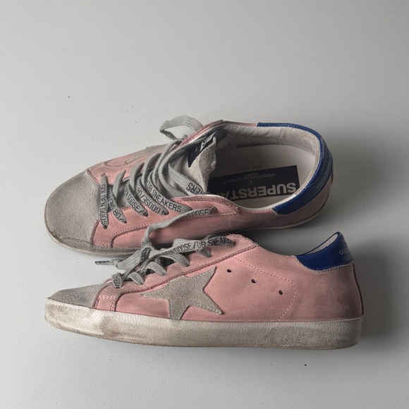 Golden Goose Superstar Distressed Pink and Gray Sneakers with Blue Details Size